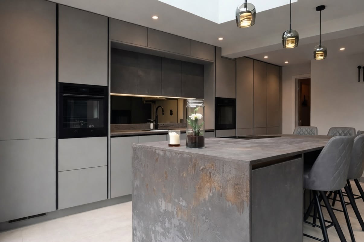 Handleless dark kitchen with integrated appliance tower