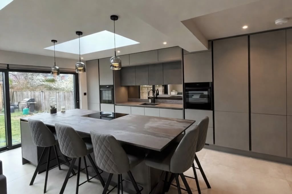 Open-plan dark kitchen-diner with concrete island and skylights