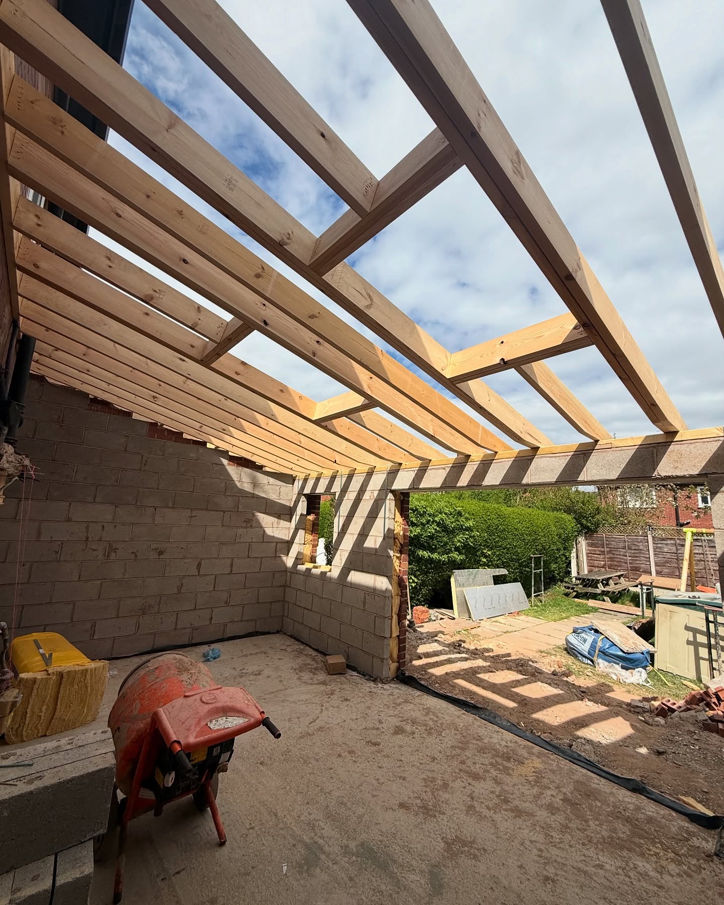 Internal view of new timber roof structure during a loft conversion