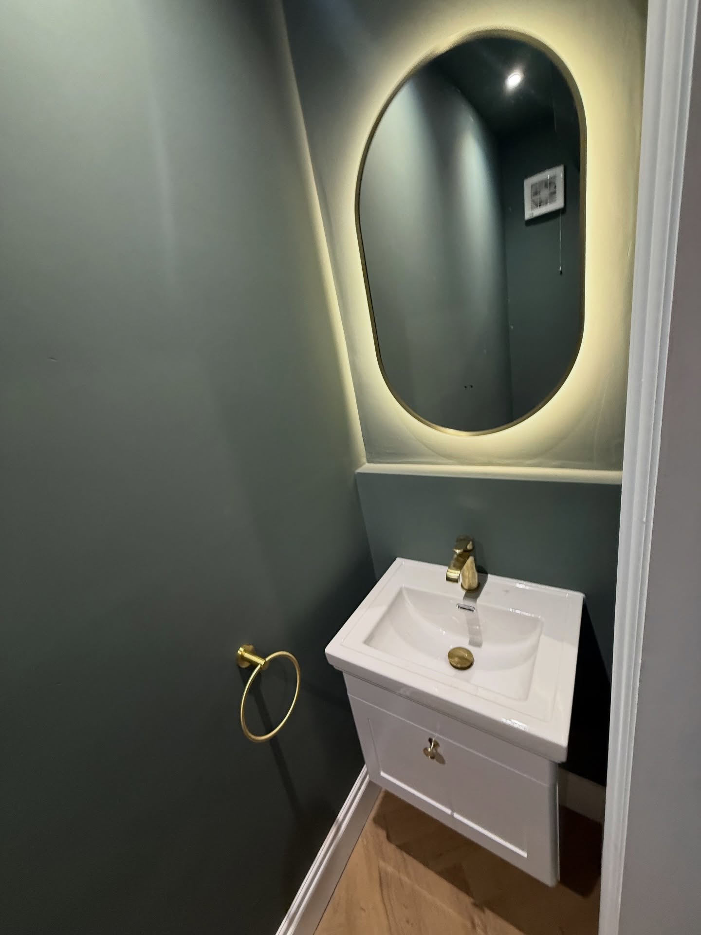 Modern fitted cloakroom with green panelled walls and brass tapware