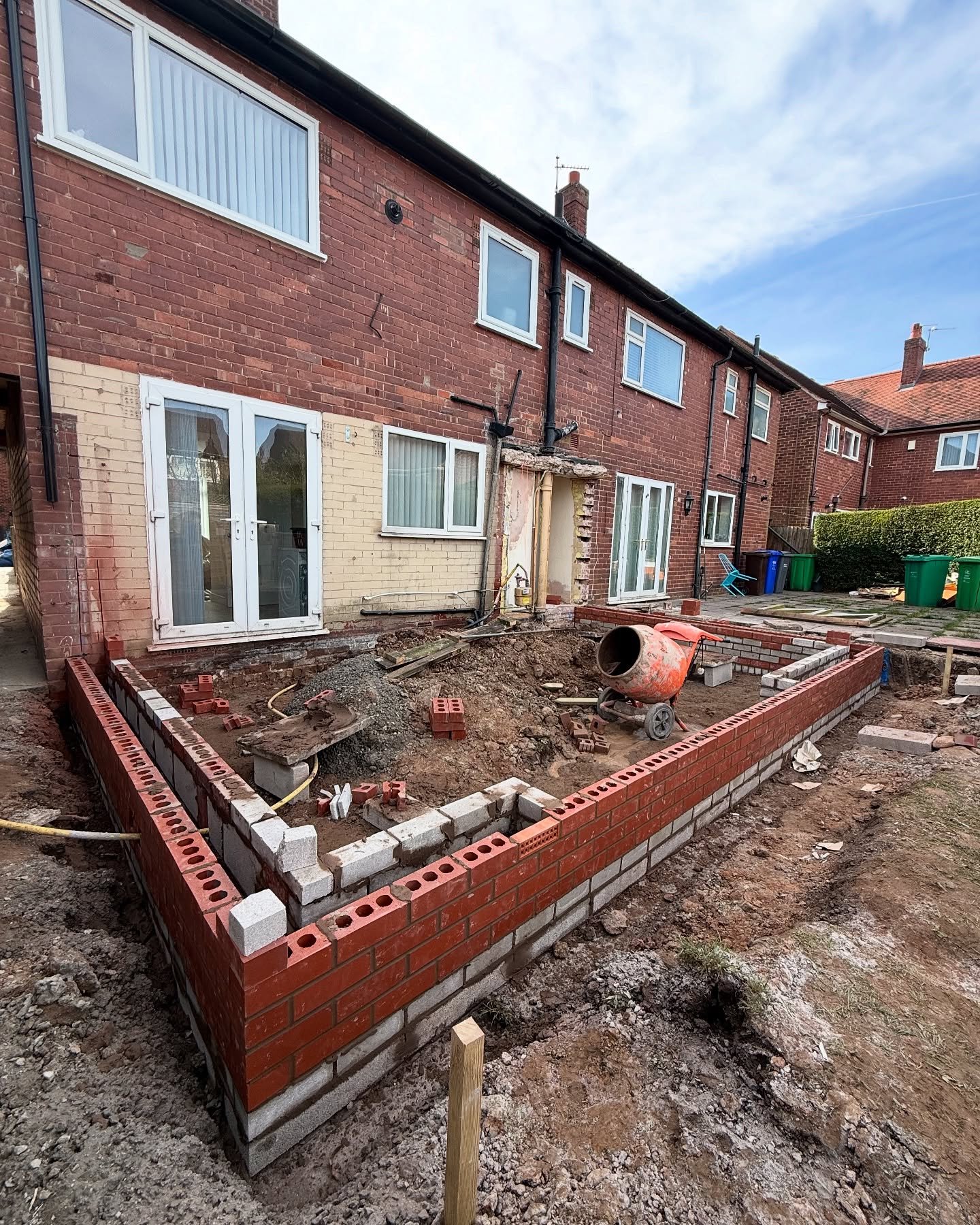 New brick foundation wall to a residential extension, Greater Manchester